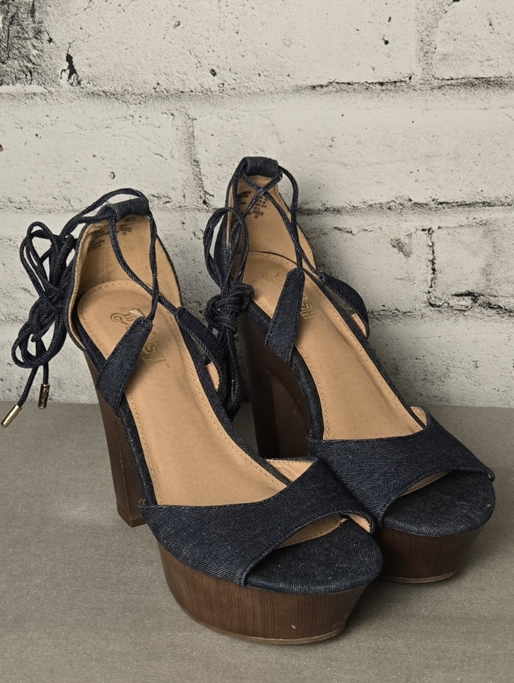 Brash Denim Platform Heels Womens 6.5 Chunky Wood Lace Up Sandals